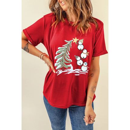 Red Christmas Tree Snowman Printed Crewneck T Shirt