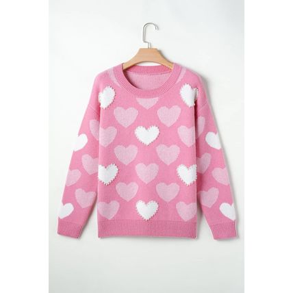 Pink Pearled Heart Print Valentines Crew Neck Sweater