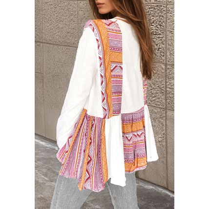 White Western Aztec Print Patchwork Ruffled Tunic Long Sleeve Babydoll Top