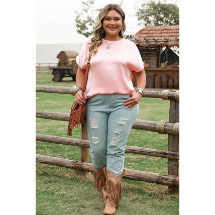 Pink Metallic Gloss Short Batwing Sleeve Plus Size Top