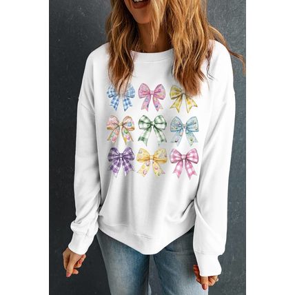 White Easter Eggs Plaid Bow Graphic Drop Shoulder Sweatshirt