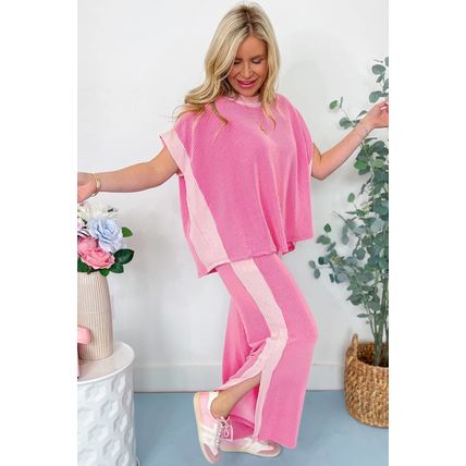 Sachet Pink 2-tone Colorblock Patchwork Corded 2pcs Outfit