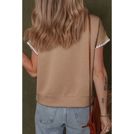 Straw Yellow Ric Rac Color Contrast Ribbed Edge Crewneck T Shirt