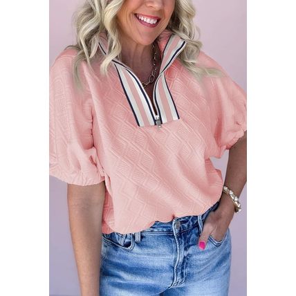 Light Pink Contrast Striped Collar Patchwork Textured Half Sleeve Blouse