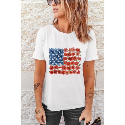 White Star Floral American Flag Printed T Shirt