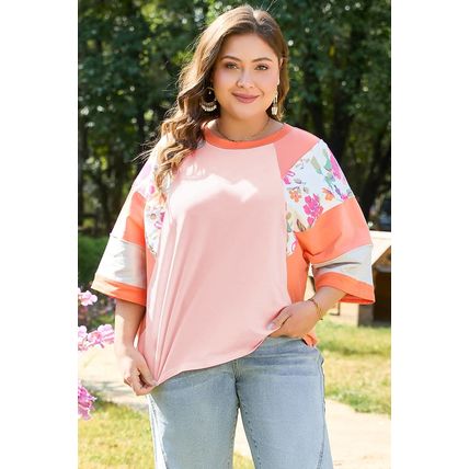 Orange Plus Size Floral Print Patchwork Raglan Half Sleeve Top