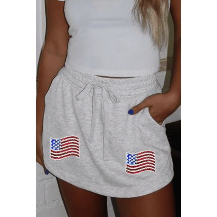 Light Grey American Flag Patched Lace-up High Waist Skort
