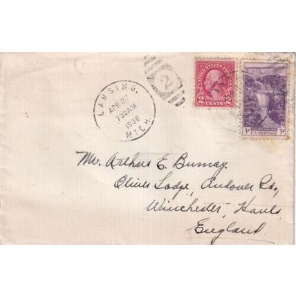 United States 1936 Lansing MICH-Winchester UK Cover Lansing cancel written VGC