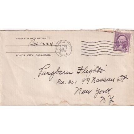 United States 1936 Ponca City OKLA-New York NY Cover Ponca City cancel written