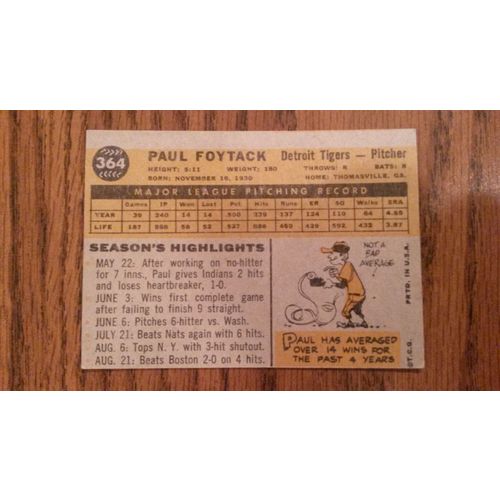 1960 Topps Card # 364 Paul Foytack Poor (1) Detroit Tigers