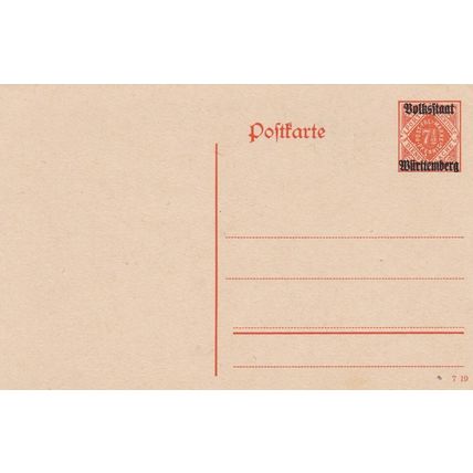 Wurttenberg Volkstaat 7.5pf Postal Card overprint unused VGC