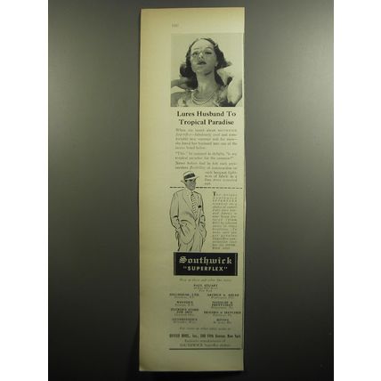1951 Southwick Superflex Suits Ad - Lures husband to tropical paradise