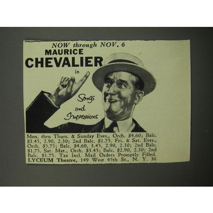 1955 Songs and Impressions Ad - Now through Nov. 6 Maurice Chevalier