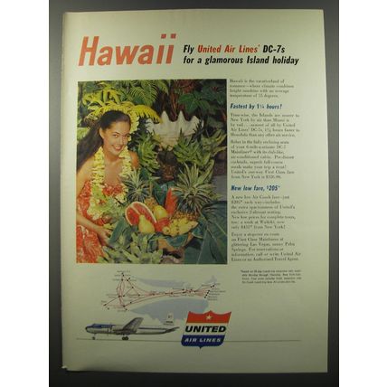 1955 United Air Lines Ad - Hawaii fly DC-7s for a glamorous island holiday