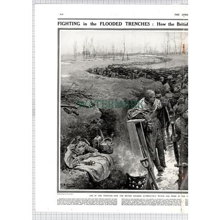 British Soldiers In Trenches Mud Sandbags World War One - 1915 Print / Cutting