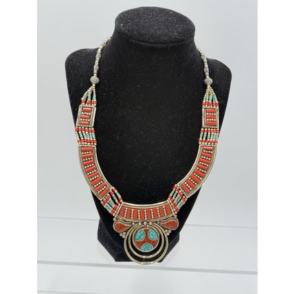 Turquoise Red Coral Gemstone Necklace Tibetan Nepali Jewelry Women Silver Triba