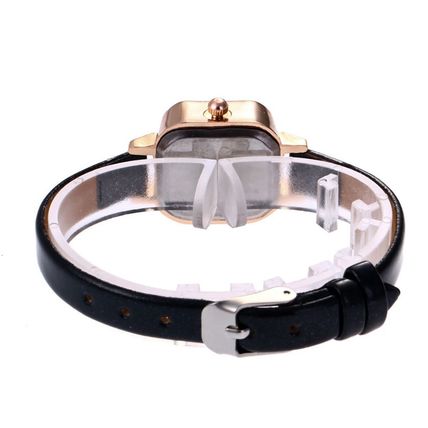 Ladies Girls Small Petite Silver Square Face Gold Bezel Black Narrow Strap Watch