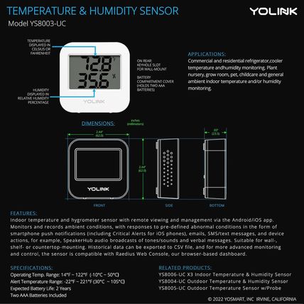 Yolink Smart Wireless Temperature & Humidity Sensor, 3-Pack, Wide Temp Range for
