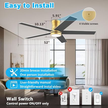 52" Smart Low Profile Ceiling Fans with Lights Remote,Outdoor Indoor Flush Mount