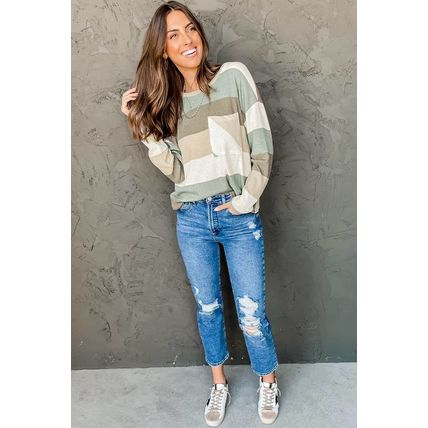 Green Color Block Ribbed Long Sleeve Top with Pocket