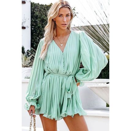 Green Pleated Ruffled Tie Waist Buttons V Neck Romper