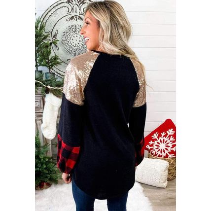 Crewneck Lantern Sleeve Plaid Sequin Splicing Pullover Sweatshirt
