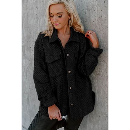 Black Lattice Texture Retro Flap Pocket Button Shacket