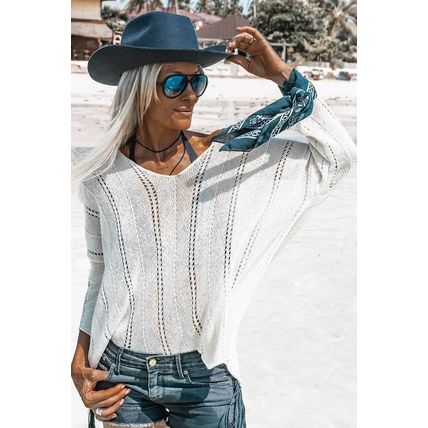White Hollowed Detail Knitted Loose V Neck Sweater