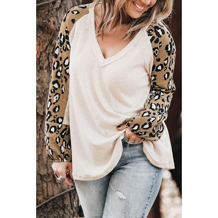 Beige Printed Plus Size Waffle Knit Contrast Leopard Long Sleeve Top