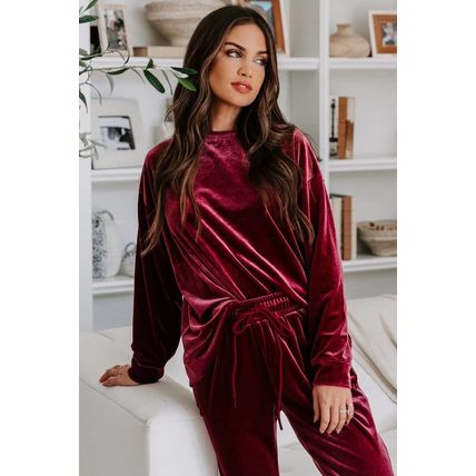 Fiery Red Solid Velvet Two Piece Lounge Set