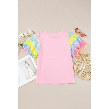 Pink Sequin Colorblock Striped Puff Sleeve Top