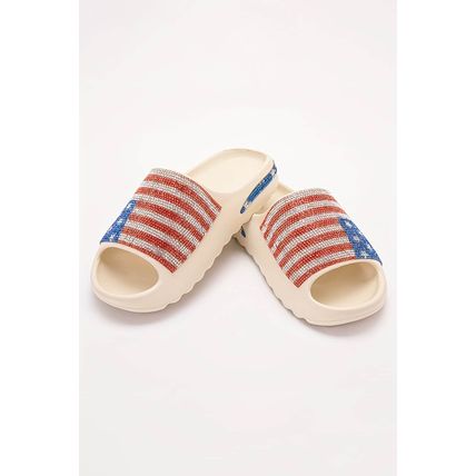 White Rhinestone American Flag Thick Sole Slippers