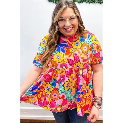 Pink Floral Print Short Sleeve Plus Size Babydoll Blouse