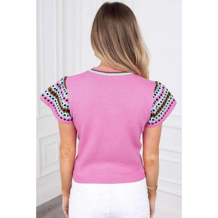 Bright Pink Contrast Printed Cap Sleeves Crewneck Sweater