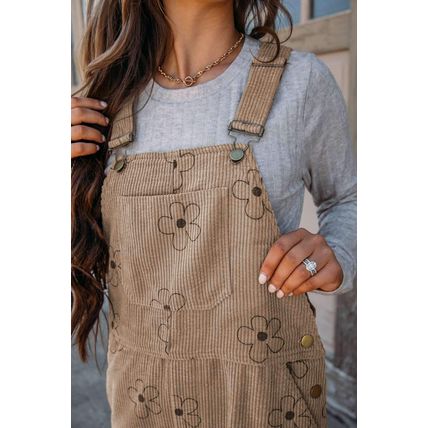Khaki Flower Print Corduroy Overalls