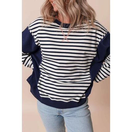 White Stripe Color Block Exposed Seam Loose Fit Sweatshirt