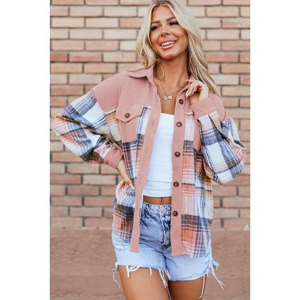 Light Pink Plaid Corduroy Patchwork Chest Pocket Shacket