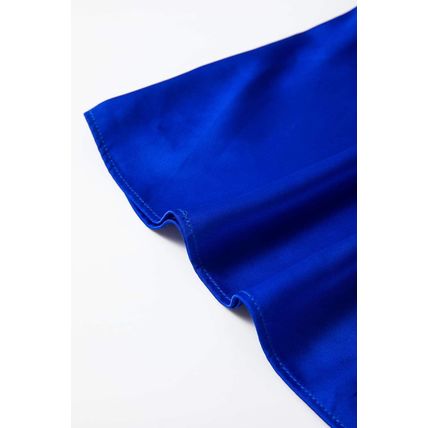 Dark Blue Asymmetric One Shoulder Bell Sleeve Satin Blouse