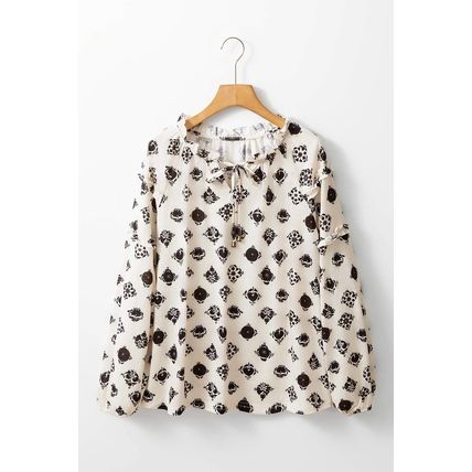 White Printed Split Neck Bubble Sleeve Loose Blouse