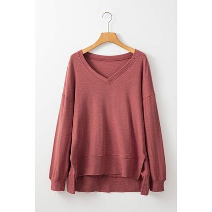Racing Red Side Slits V Neck Loose Fit Tunic Top