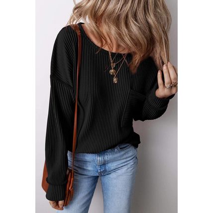 Black Solid Color Corded Drop Shoulder Long Sleeve Top