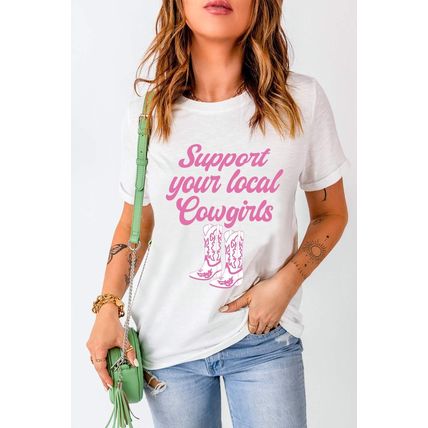 White Support Your Local Cowgirls Boots Print Crewneck Tee