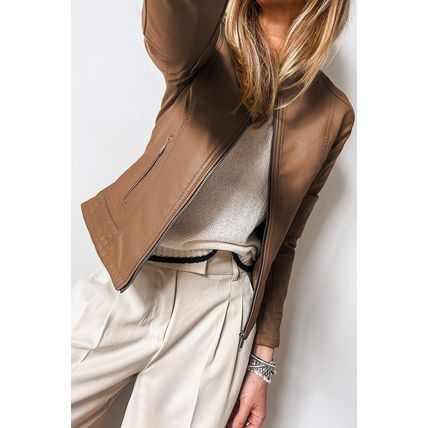Chestnut Solid Faux Leather Zipper Slim Fit Bomber Jacket