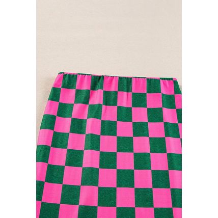 Rose Checkered Print Side Slit High Waist Midi Skirt
