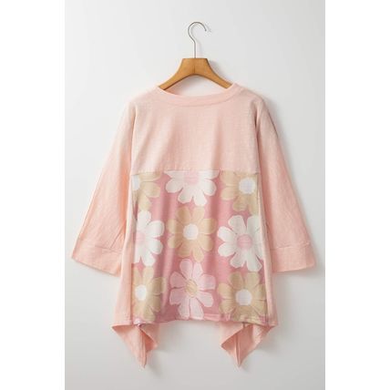 Pink Flower Patchwork Exposed Seam Oversized High Low Top