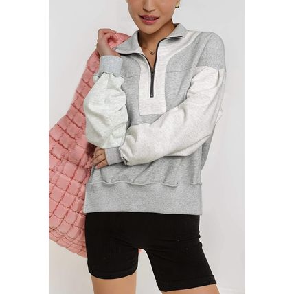 Gray Half Zipper Collared Drop Shoulder Side Slits Sweatshirt