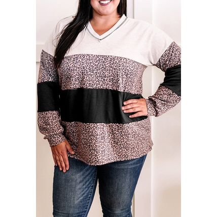 Black Leopard Print Colorblock V Neck Long Sleeve Plus Size Top