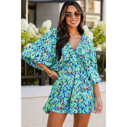 Green Abstract Print Puff Sleeve V Neck High Waist Romper