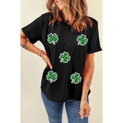 Black Four Leaf Clover Graphic St. Patricks Crewneck Tee