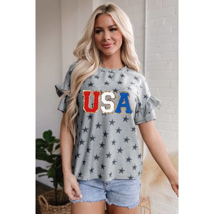 Gray USA Letter Patched Star Printed Ruffle Trim Sleeves Loose Tee